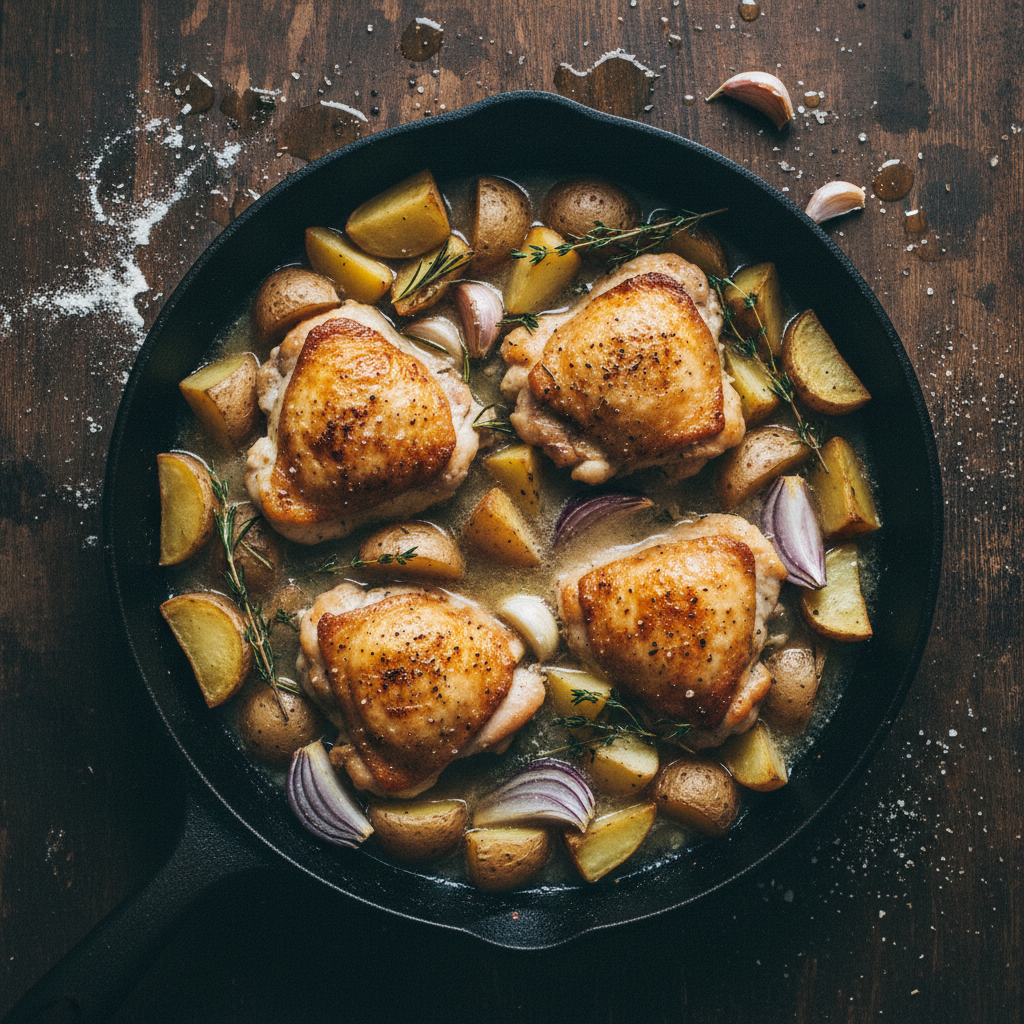 Chicken and potatoes simmering in the skillet